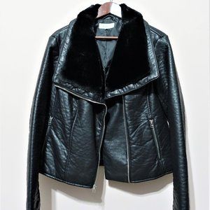 Leather Faux Fur Black Collar Jacket for Women Girls Winter Fall zipper Size XL